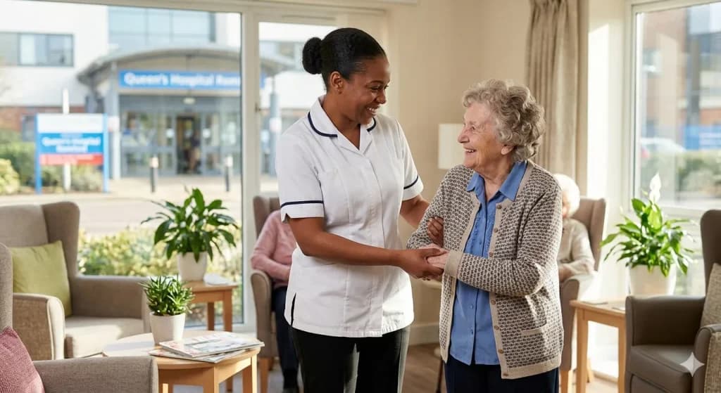 A smiling carer in uniform holds hands with an elderly woman in a bright care home lounge.