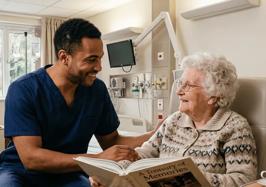 A smiling male carer in navy scrubs shares a book titled A Treasury of Memories with an elderly woman in a hospital bed.