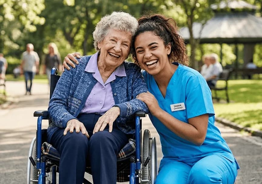 A smiling carer in blue scrubs crouches beside an elderly woman in a wheelchair in a sunny park.
