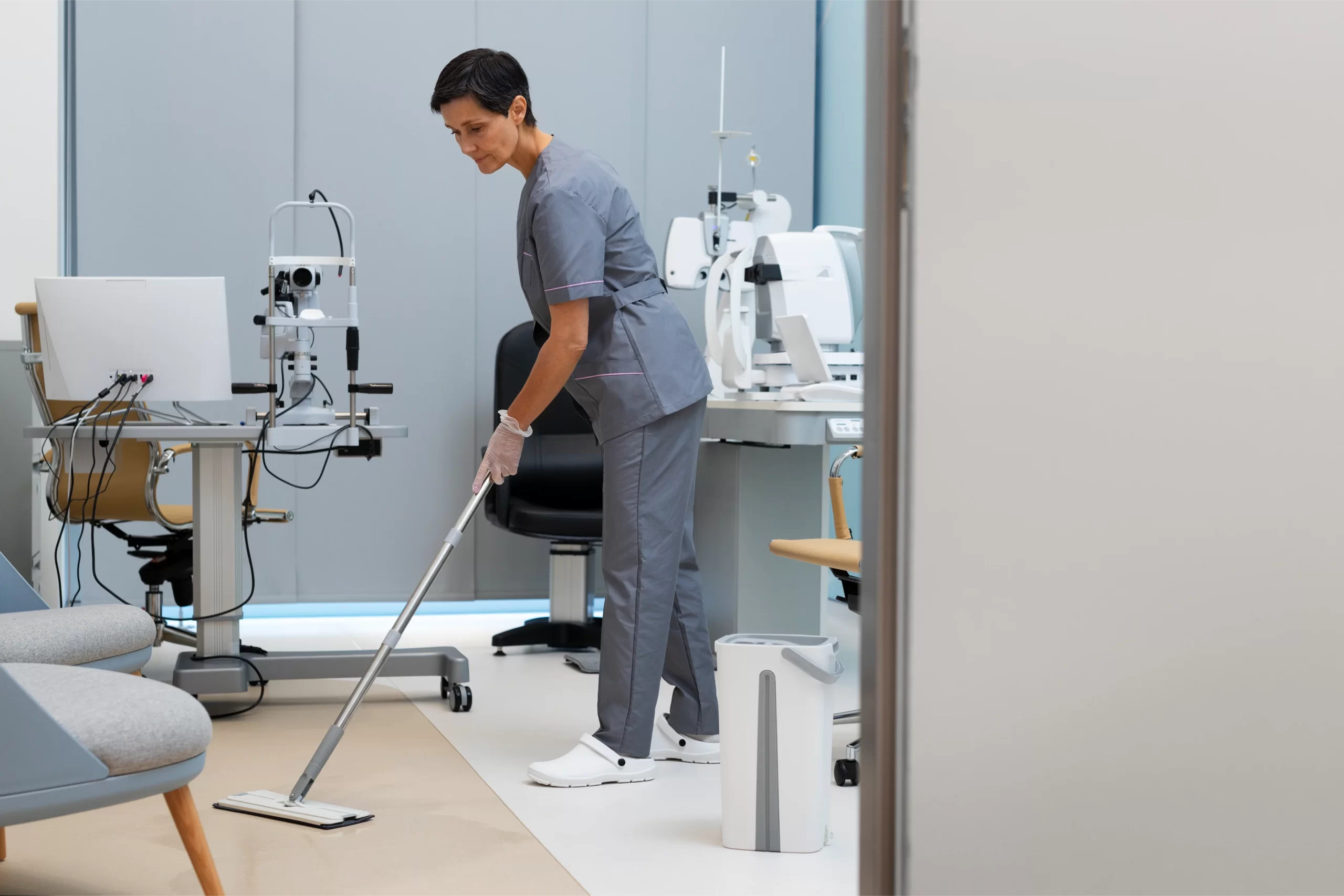 Healthcare Cleaners UK Specialists working in an ophthalmologist's office in uniform