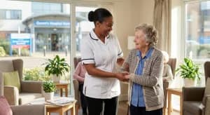 A care worker in uniform holds hands with and smiles at an elderly woman in a bright care home lounge.