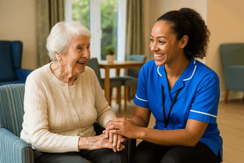 Temporary staffing solutions for healthcare London – care assistant supporting elderly woman in assisted living home